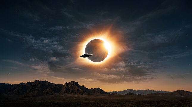 UFO flying near solar eclipse over desert mountain landscape