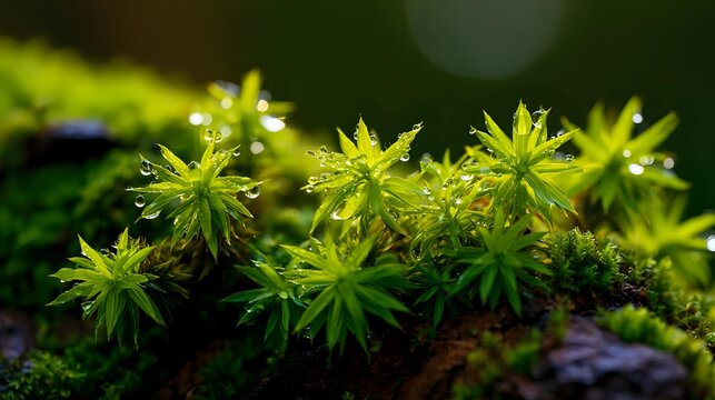 Fresh moss cushion displaying microscopic water droplets between vibrant green structures illuminated by diffused woodland light premium environmental texture realism