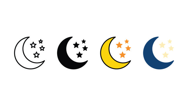 Crescent moon phases with stars in different colors and styles