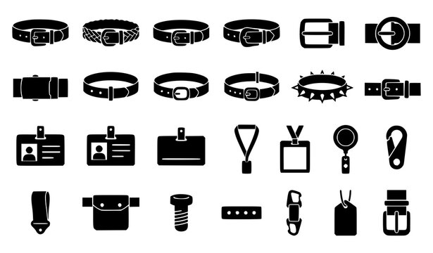 Minimal black silhouette vector icon set featuring waist belts buckles dog collars ID badges and lanyard tags isolated on white background