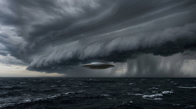 UFO flying saucer hovering over dark stormy ocean waves