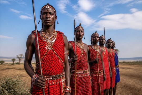 Red-draped men stand tall with spears in hand. Their serious gazes meet the camera's lens. Each man wears intricate beadwork and ceremonial headpieces. Golden sunbeams highlight the red woven patterns
