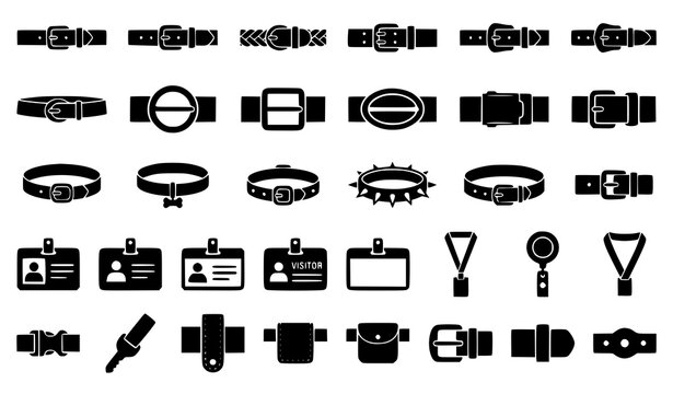 Black silhouette belt and collar icon set with waist belts buckles dog collars ID badges and lanyard accessories isolated on white background