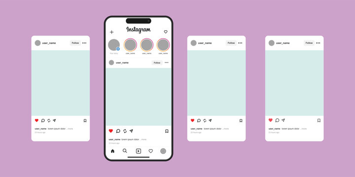 instagram social media post home screen user interface on smartphone mockup. instagram vector template frame layout with latest updates 2026