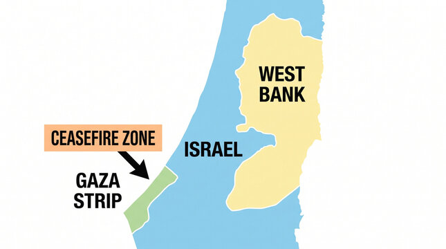 Geopolitical map of israel west bank and gaza strip with ceasefire designation
