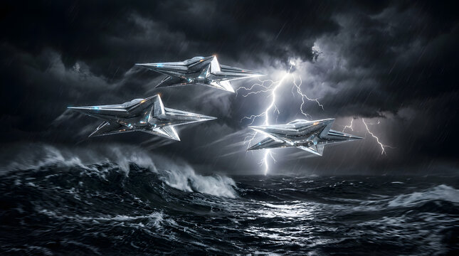 Futuristic metallic spacecraft flying over stormy ocean waves