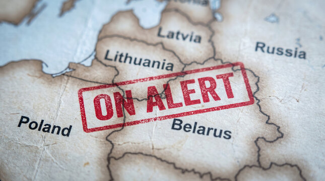 On alert rubber stamp over map of belarus and eastern europe border region
