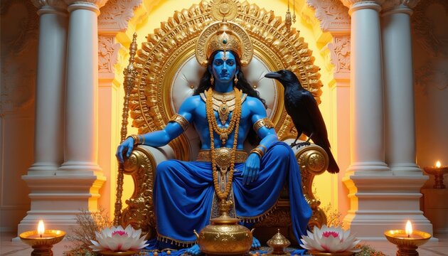 Hindu deity Shani Dev with blue skin sits on gold throne in ornate temple. Black crow stands beside god as lotus flowers, glowing lamps decorate religious space. Mythology spiritual artwork