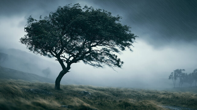 A solitary tree bends under heavy winds in a gloomy, mist-covered landscape. This powerful image represents resilience, endurance, and the challenges of nature.