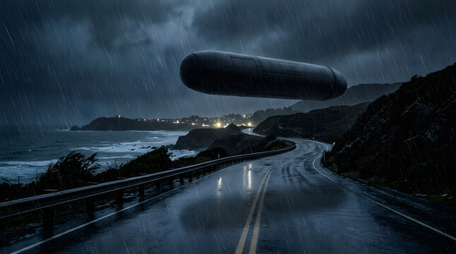 Dark cylindrical UFO hovering over coastal highway in storm