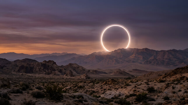 Glowing neon circle floating above desert mountain landscape at dusk