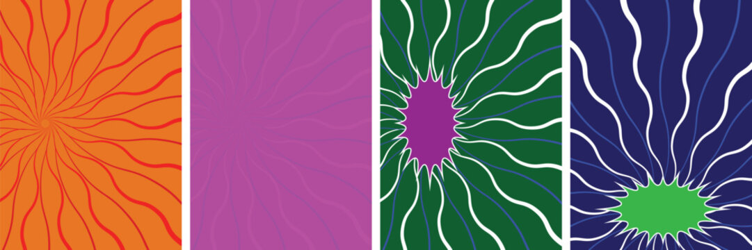 Psychedelic wavy line background set, retro 70s abstract sunburst patterns, vibrant orange purple green and blue vector textures, trippy optical illusion posters for creative design