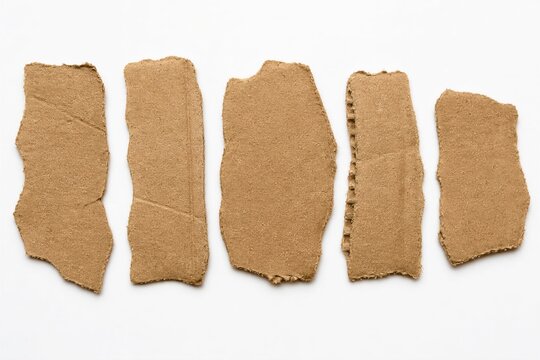 Five torn cardboard pieces lie side by side. Brown, rough edges show wear and tear. Each fragment has unique shape and texture. Clean white background emphasizes simplicity