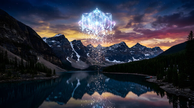 Glowing geometric crystal structure floating over mountain lake