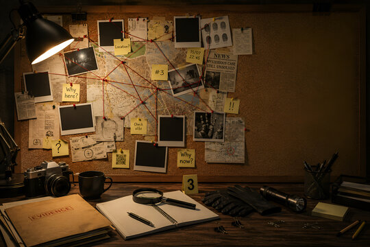 Realistic Detective Investigation Board with Evidence Photos, Red String Connections, Maps and Forensic Workspace Concept