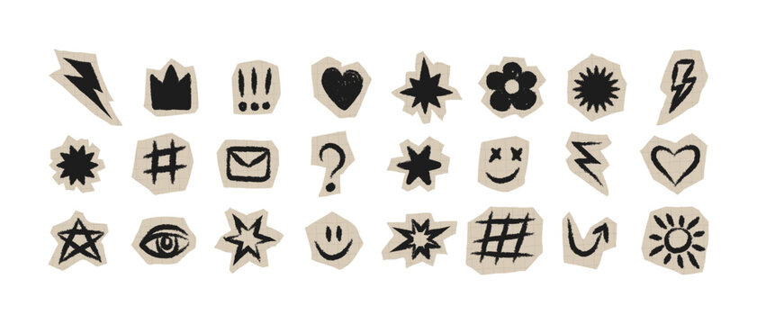 Scrapbook collage sticker and cut-out element set; paper elements featuring hand-drawn brush and pencil textures; scrapbook stars, lightning bolts and symbols for planner design.