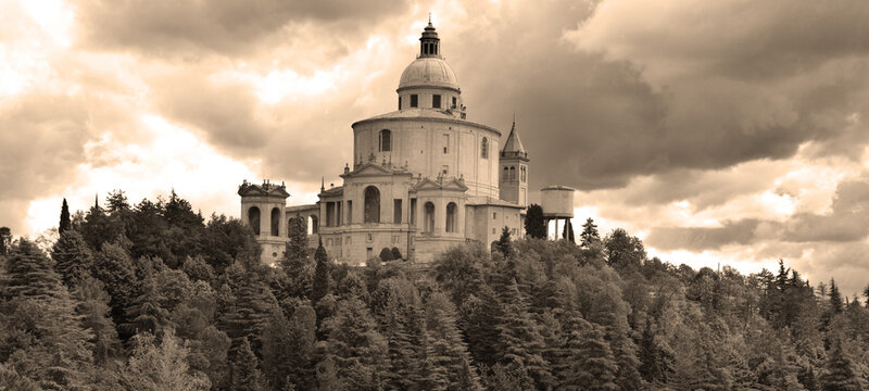 BOLOGNA ITALY: Sanctuary of the Madonna of San Luca is a basilica church in Bologna, northern Italy, sited atop a forested hill, Colle or Monte della Guardia