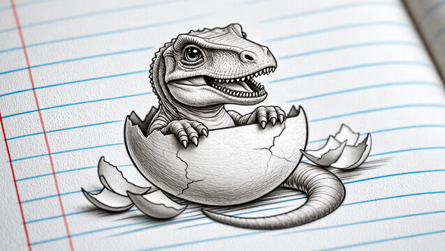 Pencil sketch of a cute baby dinosaur hatching from an egg on lined notebook paper