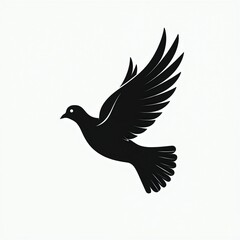 Fototapeta premium Black silhouette of flying dove isolated on white background. Minimalist bird icon freedom, peace. Simple graphic symbol shows wings in flight for logo design. Elegant artistic illustration