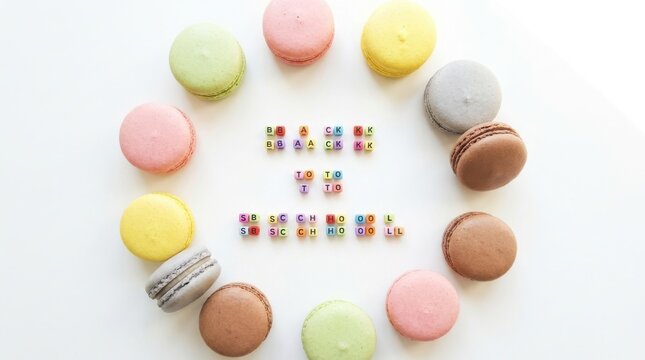 Back to school message spelled out with colorful letter beads surrounded by a circle of various flavored macarons