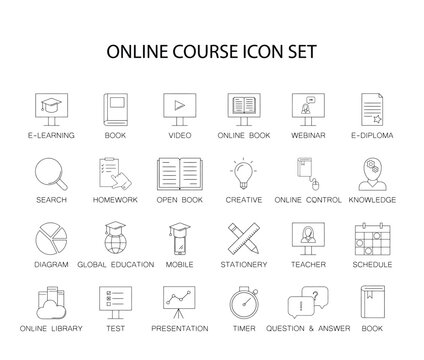 Flat line icons set for online course education and e-learning materials