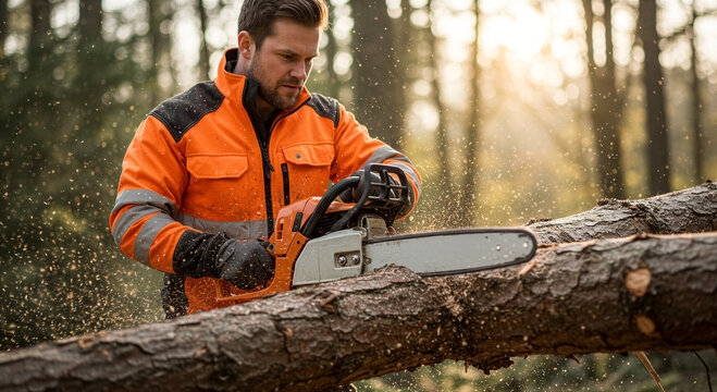 Lumberjack man operating chainsaw to cut fallen tree trunk in forest. Professional logger working in professional protective gear. Industrial wood harvesting and forestry management operation