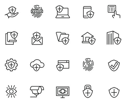 Set of twenty cybersecurity and privacy protection icons with shield symbols