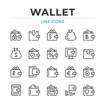 Set of twenty wallet line icons in various financial and transaction styles