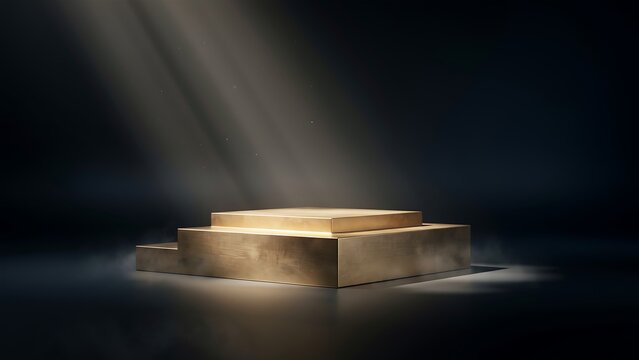 Golden product display podium with spotlight on dark background