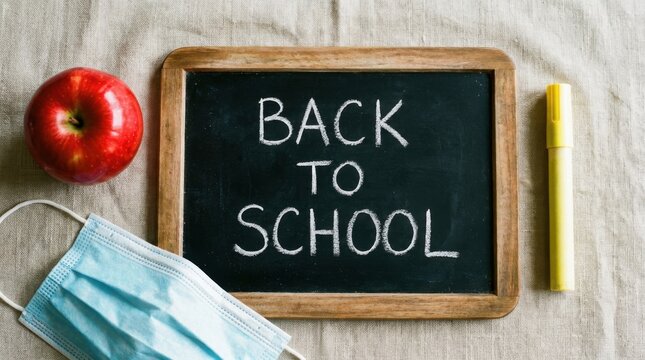 Back to school concept with a chalkboard, red apple, and a protective face mask on a textured background