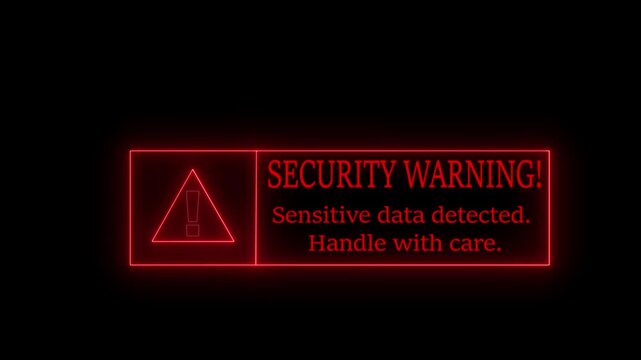 glowing neon Exclamation mark data protection style neon frame security warning icon on black background. sensitive data detected. handle with care neon text sign
