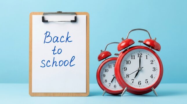 Back to school sign on a clipboard with two red alarm clocks
