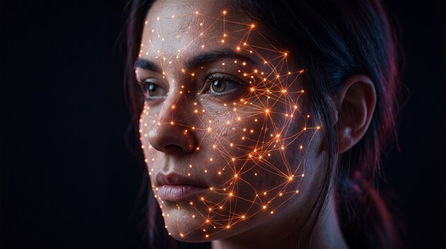 A woman with a futuristic glowing face map in a dark background