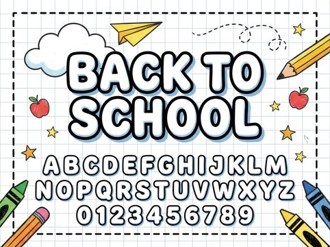 Back to school background with alphabet letters, numbers, and school supplies like crayons, pencil, and apple on a grid paper pattern