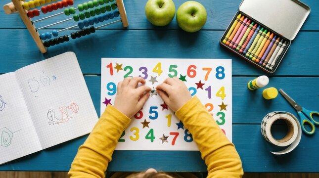 Child hands placing star stickers on a paper with numbers on a blue wooden desk