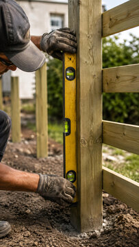 Worker using spirit level to align wooden fence post. Professional handyman installing timber fence in garden. Construction tool for measuring vertical level. Home renovation project.