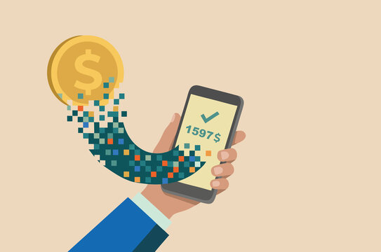 Coin turning into digital pixels concept, cashless economy