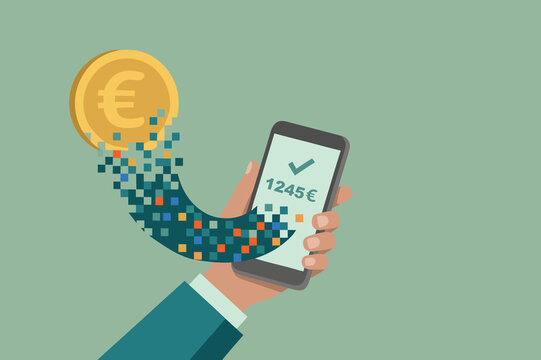 Coin turning into digital pixels concept, cashless economy