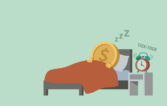 Coin sleeping in bed concept, idle money losing value economy