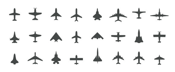 Fototapeta premium Collection of airplane silhouettes on a white background representing air travel and aviation