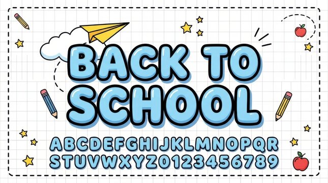 Back to school typography set with alphabet and numbers on a grid paper background