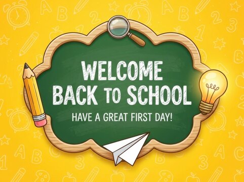 Welcome back to school chalkboard sign with magnifying glass, pencil, lightbulb, and paper plane on a yellow background