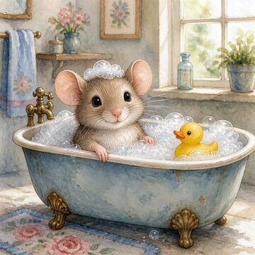 A cute mouse enjoys a bubble bath in a vintage tub, accompanied by a rubber duck, as sunlight filters through the window, creating a cozy atmosphere in the bathroom