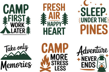 Fototapeta premium Vintage camping quotes and outdoor adventure typography set, 6 rustic forest life vector badges, wilderness hiking and campfire lettering designs