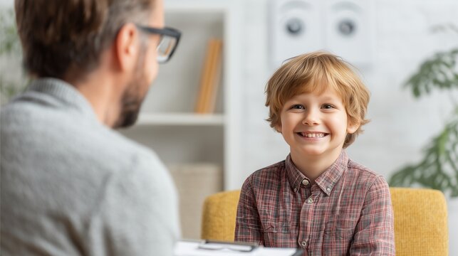 Psychologist talks with smiling child during cbt session in calm office, showing support, trust and emotional care.
