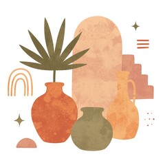 Boho Decorative Vases with Tropical Plant, Mid Century Modern Abstract Interior © Людмила Литвин