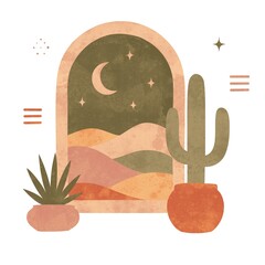 Boho Desert Window with Cactus and Moon, Mid Century Modern Abstract Landscape © Людмила Литвин
