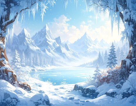 A serene winter scene with snow-covered mountains, a frozen lake, and trees framed by icicles under a bright, clear sky
