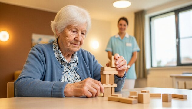 Elderly woman playing wooden block game with caregiver in a care house, symbolizing memory support, dementia care, and cognitive activity.