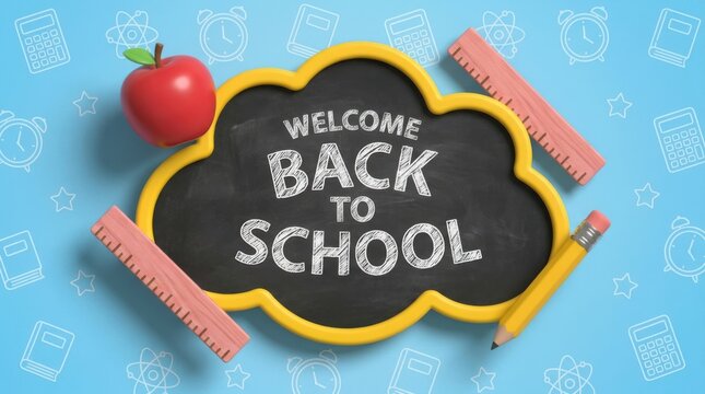 Welcome back to school chalkboard sign with a red apple, pencil, and ruler on a blue background with school icons